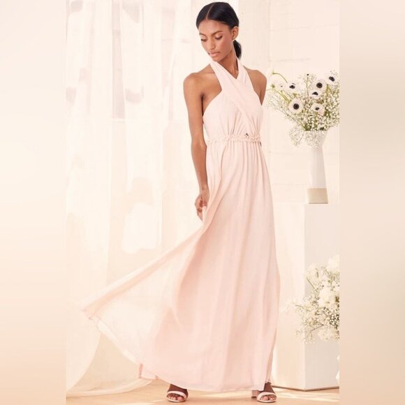 Lulu’s NWT Don't Let Go True Blush Halter Maxi Chiffon Prom Formal Dress Sz S - Picture 10 of 13